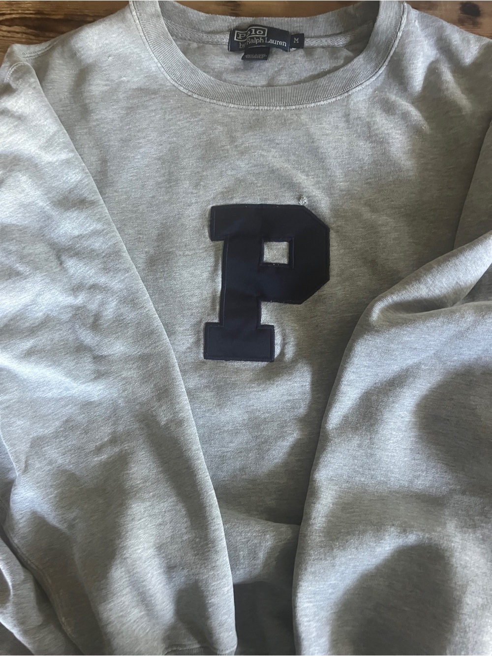 Polo Ralph Lauren Light Gray Crewneck with Navy 'P' Patch - Vintage - Distressed